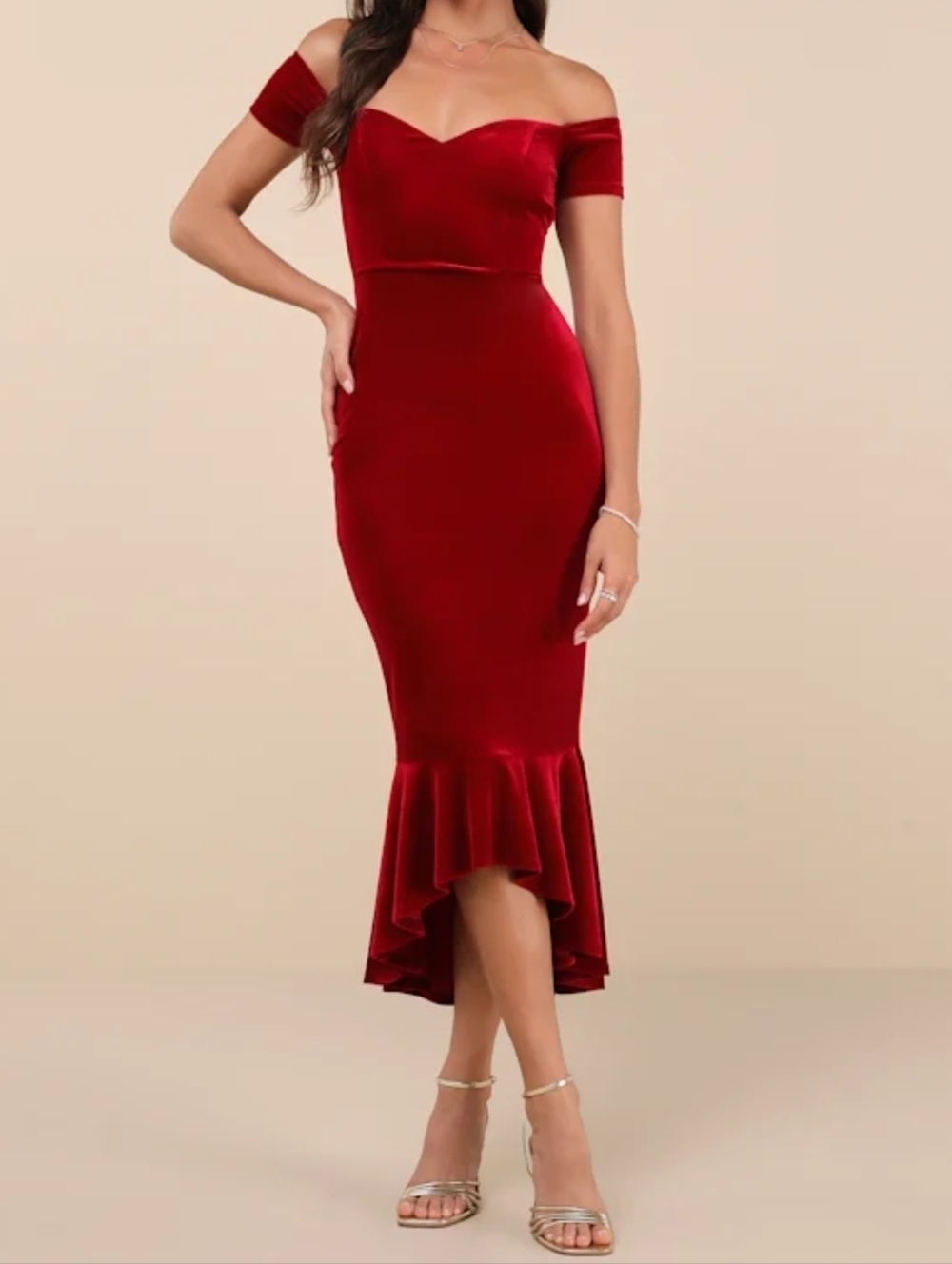 Lulus How Much I Care Wine Red Velvet Off-the-Shoulder Midi Dress, XS